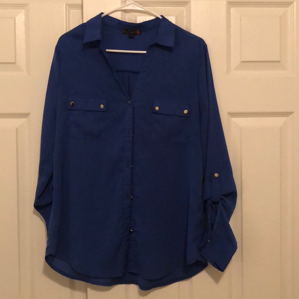 Button down shirt see through royal blue large